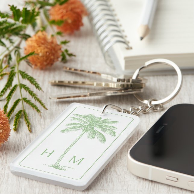 Green and White Palm Palmetto Tree Monogram Keychain (Front Right)