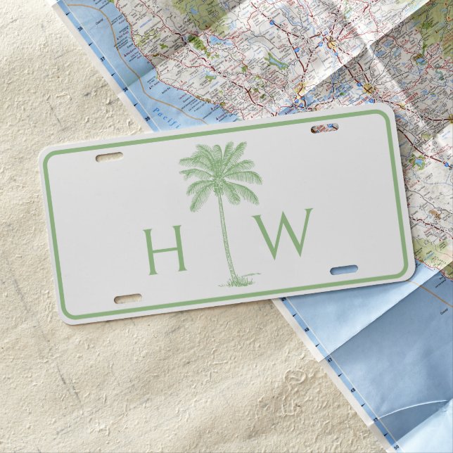Green and White Palm Palmetto Tree Monogram License Plate (In Situ)
