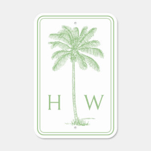 Green and White Palm Palmetto Tree Monogram Metal Sign