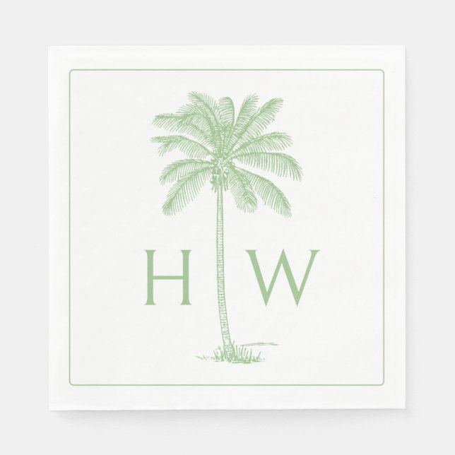 Green and White Palm Palmetto Tree Monogram Napkins (Front)