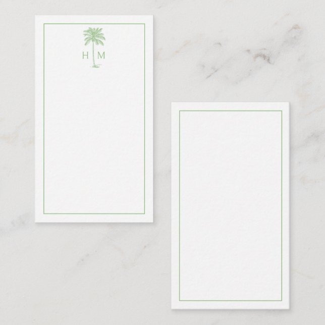 Green and White Palm Palmetto Tree Monogram Note Card (Front/Back)