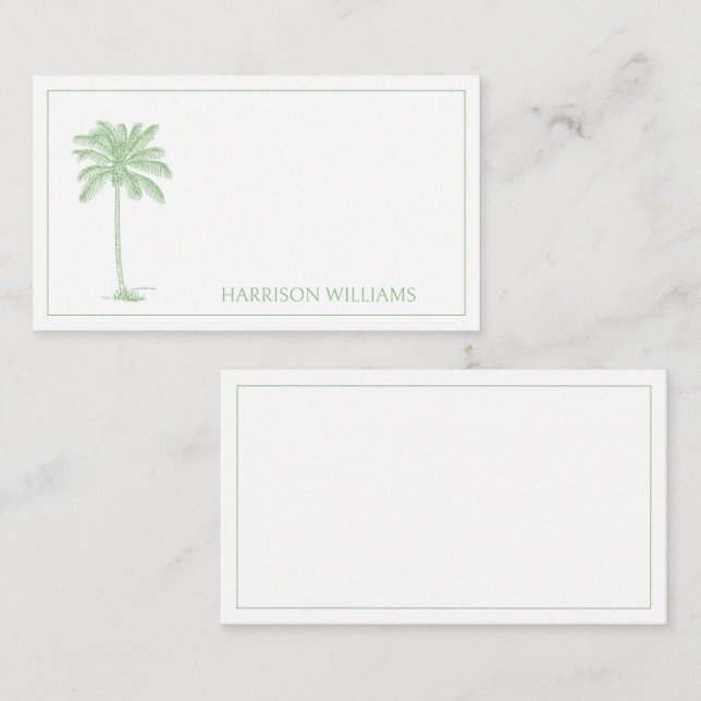 Green and White Palm Palmetto Tree Monogram Note Card (Front/Back)