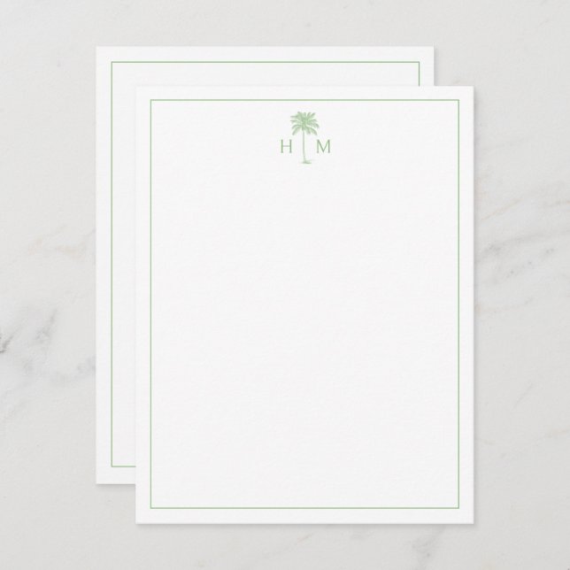 Green and White Palm Palmetto Tree Monogram Note Card (Front/Back)