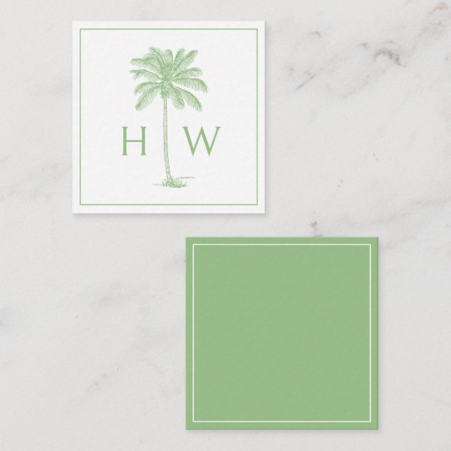 Green and White Palm Palmetto Tree Monogram Note Card (Front/Back)