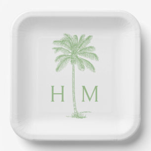 Green and White Palm Palmetto Tree Monogram Paper Plates