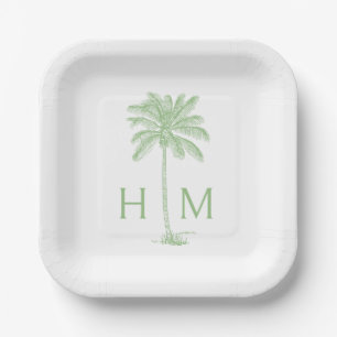 Green and White Palm Palmetto Tree Monogram Paper Plates