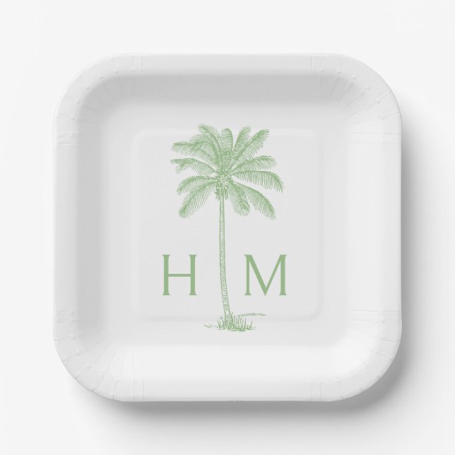 Green and White Palm Palmetto Tree Monogram Paper Plates (Front)