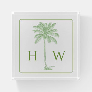 Green and White Palm Palmetto Tree Monogram Paperweight