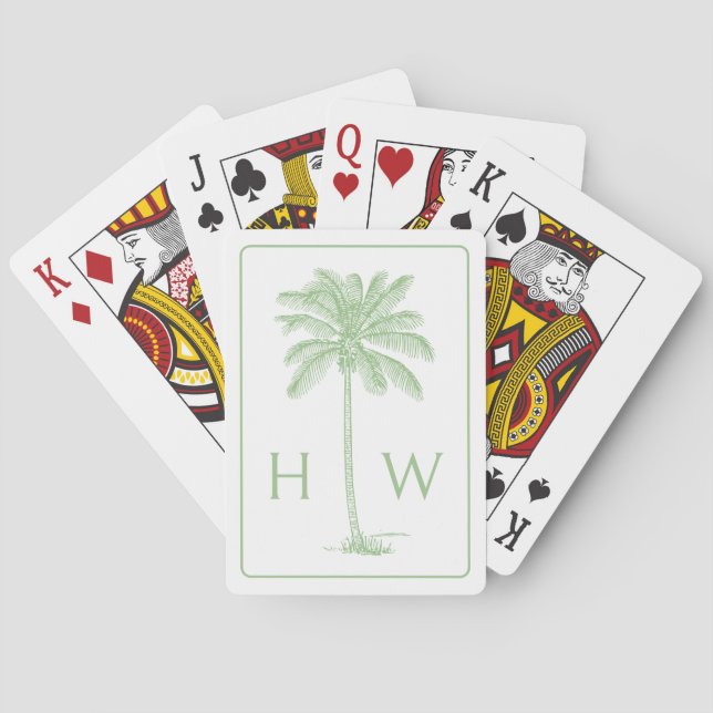 Green and White Palm Palmetto Tree Monogram Poker Cards (Back)