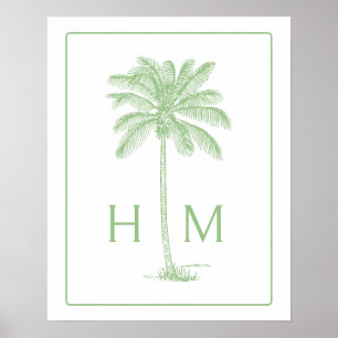 Green and White Palm Palmetto Tree Monogram Poster