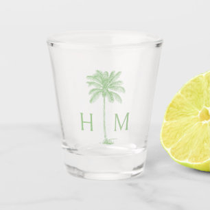Green and White Palm Palmetto Tree Monogram Shot Glass