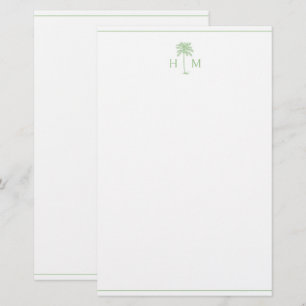 Green and White Palm Palmetto Tree Monogram Stationery