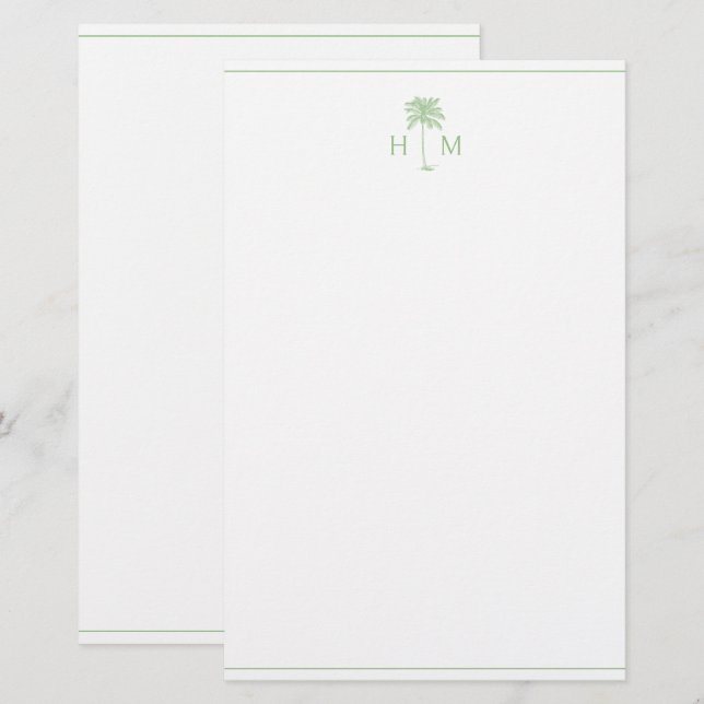 Green and White Palm Palmetto Tree Monogram Stationery (Front/Back)