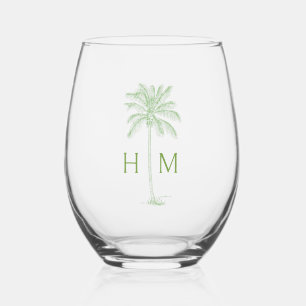 Green and White Palm Palmetto Tree Monogram Stemless Wine Glass