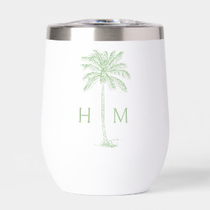 Green and White Palm Palmetto Tree Monogram Thermal Wine Tumbler