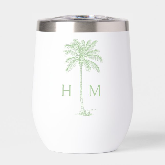 Green and White Palm Palmetto Tree Monogram Thermal Wine Tumbler (Front)