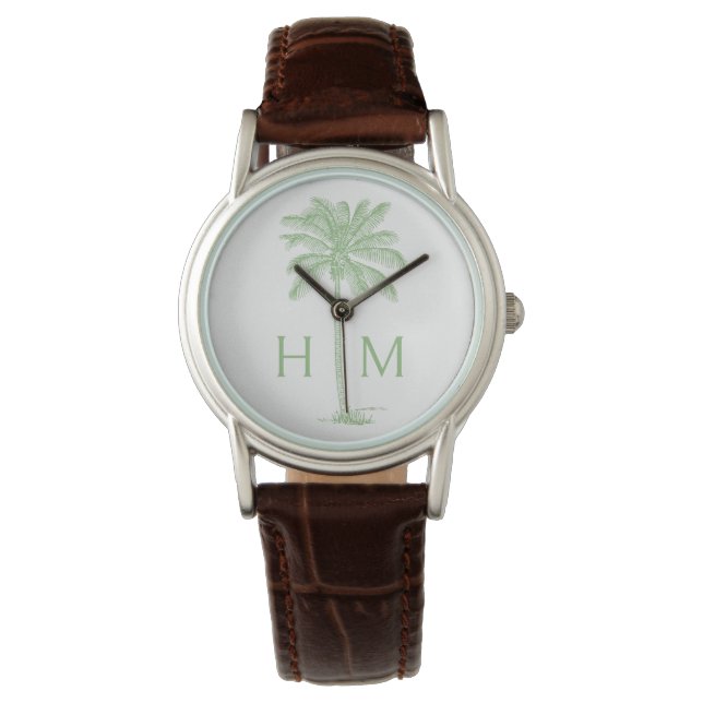 Green and White Palm Palmetto Tree Monogram Watch (Front)