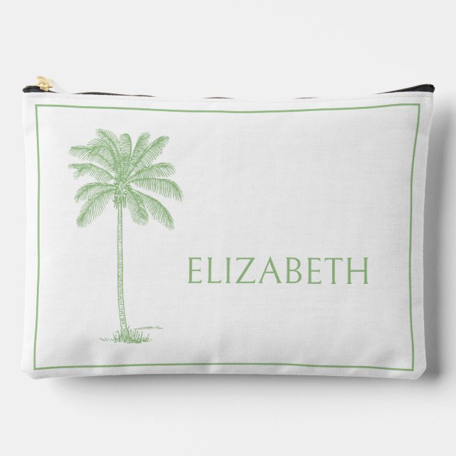 Green and White Palm Palmetto Tree Personalized Accessory Pouch (Front)