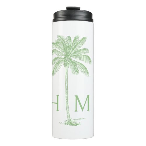 Green and White Palmetto Palm Tree Monogram Thermal Tumbler