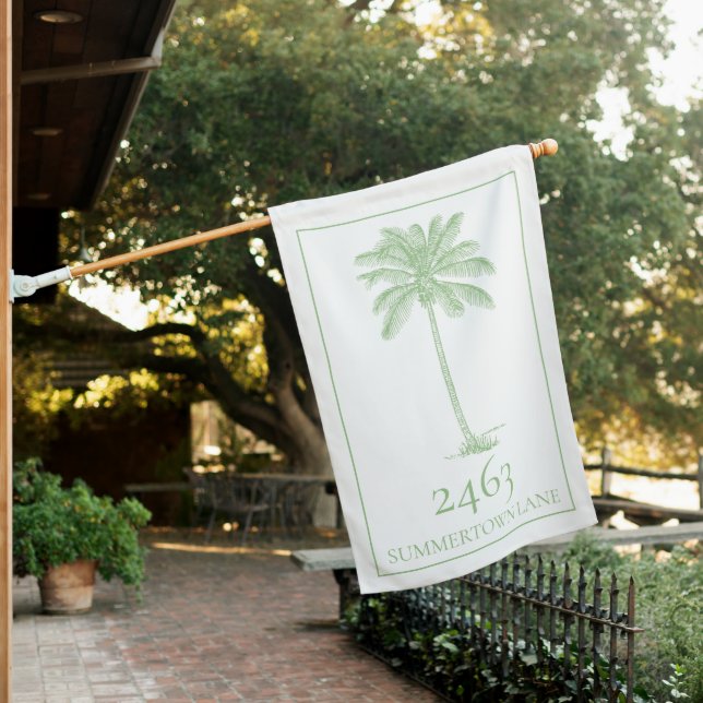 Green and White Palmetto Palm Tree Personalized House Flag (In SItu)