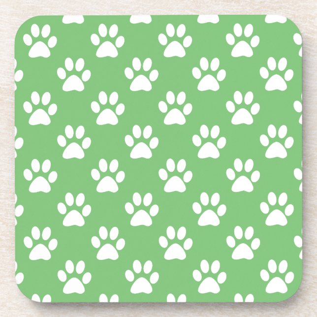 Green and white paws pattern beverage coaster (Front)