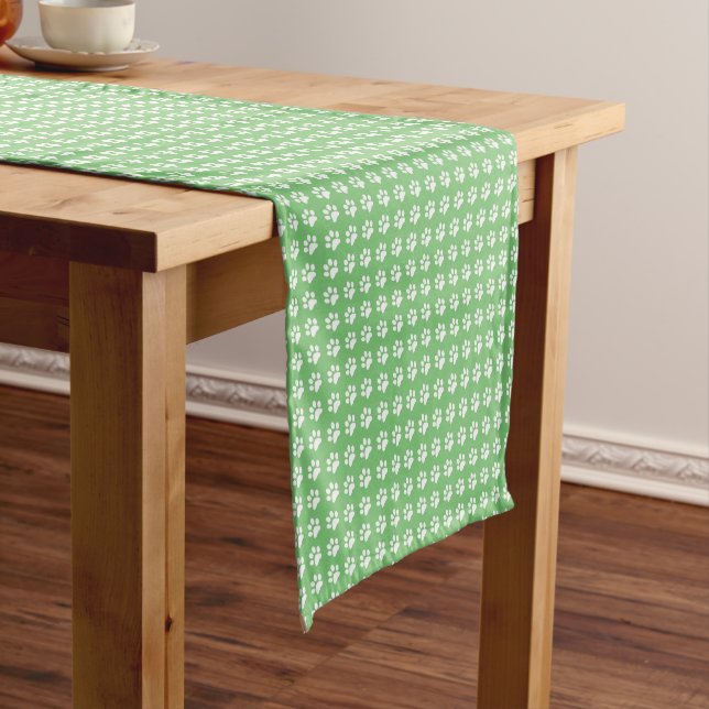 Green and white paws pattern short table runner (In Situ)
