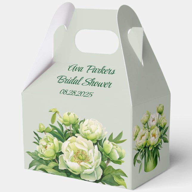 Green and White Peony Elegant Bridal Shower Favor Boxes (Back)