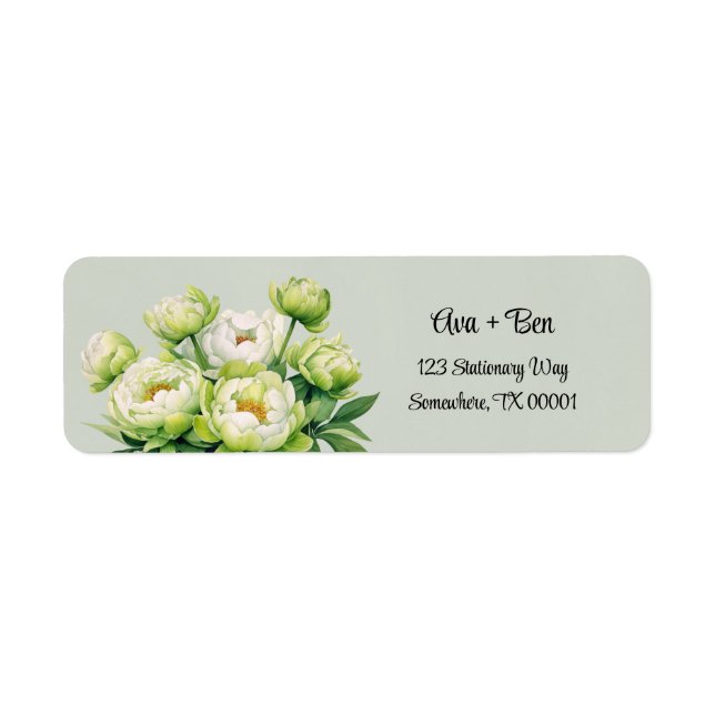 Green and White Peony Elegant Wedding Address Label (Front)