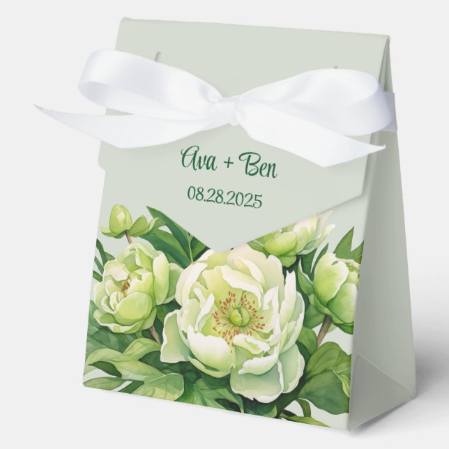 Green and White Peony Elegant Wedding Favor Boxes (Front)