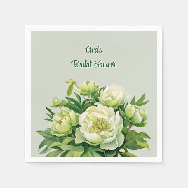 Green and White Peony Elegant Wedding Napkins (Front)