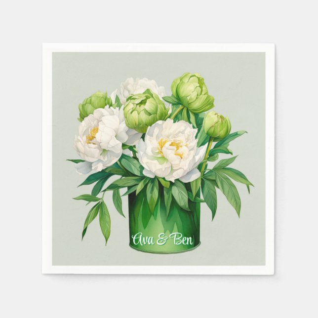 Green and White Peony Elegant Wedding Napkins (Front)