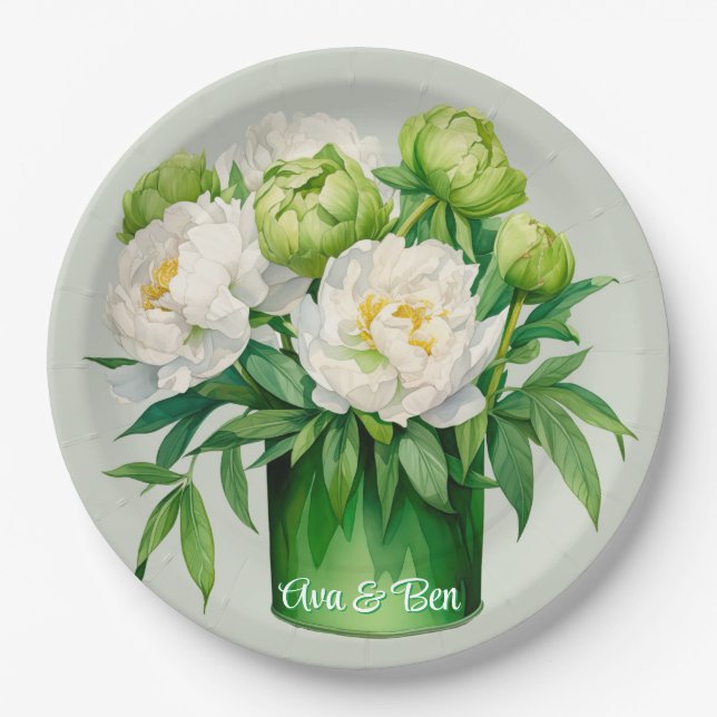 Green and White Peony Elegant Wedding Paper Plates (Front)