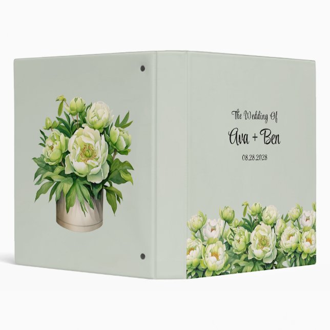 Green and White Peony Elegant Wedding Photo Album 3 Ring Binder (Background)