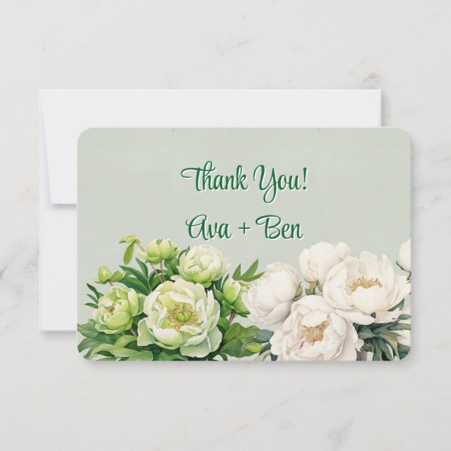 Green and White Peony Wedding Thank You Card (Front)
