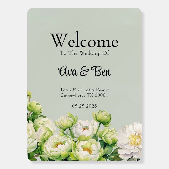 Green and White Peony Wedding Welcome Sign (Front)
