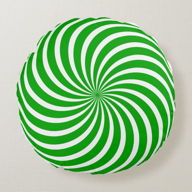 Green and White Peppermint Candy Holiday Christmas Round Pillow (Front)