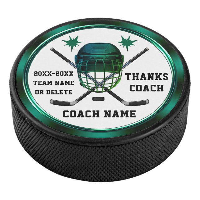 Green and White, Personalized COACH, Hockey Pucks (3/4)