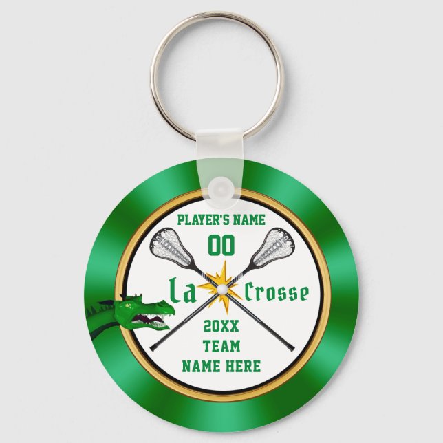 Green and White Personalized Lacrosse Keychains (Front)