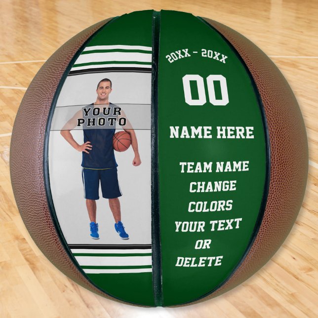 Green and White Personalized Photo Basketball Ball (Custom basketball with picture. Personalized Basketballs. Senior gift ideas for Basketball. Green)