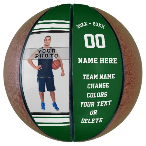 Green and White Personalized Photo Basketball Ball