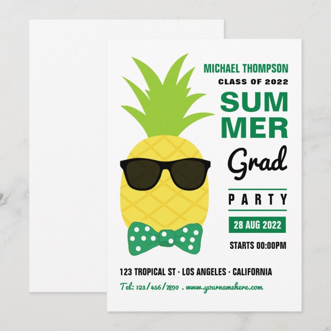 Green and White Pineapple Summer Grad Party Invita Invitation (Front/Back)