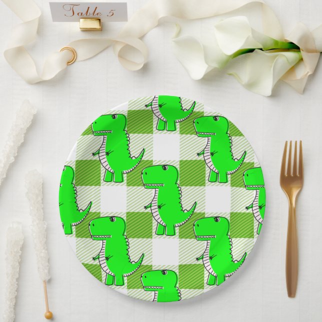 Green and White Plaid Dino Tartan Pattern Paper Plates (Wedding)