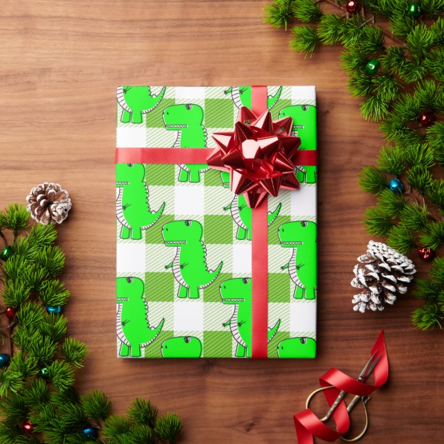 Green and White Plaid Dino Tartan Pattern Wrapping Paper (Holiday Gift)