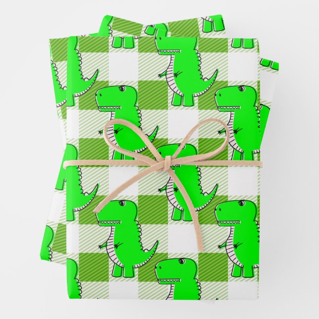 Green and White Plaid Dino Tartan Pattern Wrapping Paper Sheets (In situ)