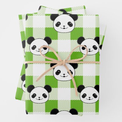 Green and White Plaid Panda Bear Tartan Pattern Wrapping Paper Sheets