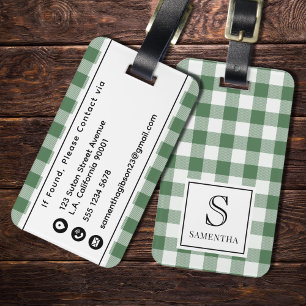 Green and White Plaid Pattern Black Monogram Name Luggage Tag