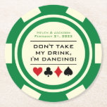 Green and White Poker Chip I'm Dancing Drink Round Paper Coaster<br><div class="desc">Don't let all that delicious alcohol go to waste by having your guest's unfinished drink glasses scooped up while they're dancing up a storm. Give each guest this custom green and creamy white poker chip paper coaster to place over their glass when they hit the dance floor!</div>