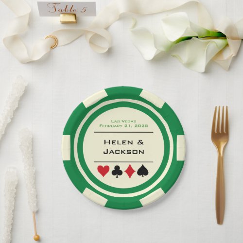 Green and White Poker Chip Las Vegas Wedding Paper Plates