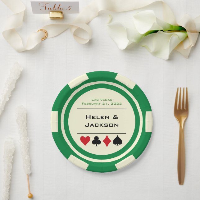 Green and White Poker Chip Las Vegas Wedding Paper Plates (Wedding)