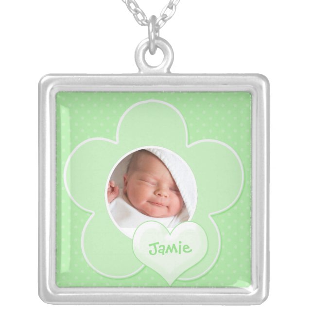 Green and white Polka Dot Baby Photo Necklace (Front)